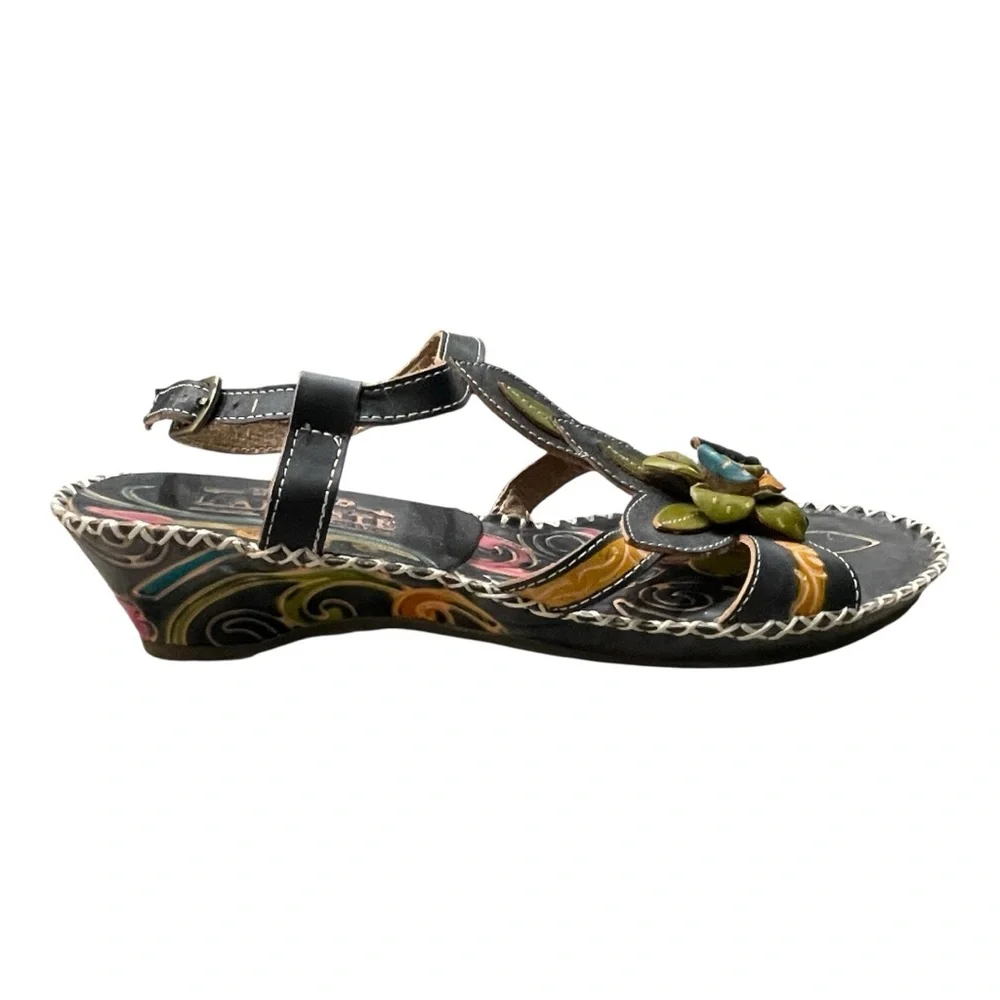 L’Artiste Spring Step Floral Leather Wedge Sandals Black | Size EU 37 US 6.5-7